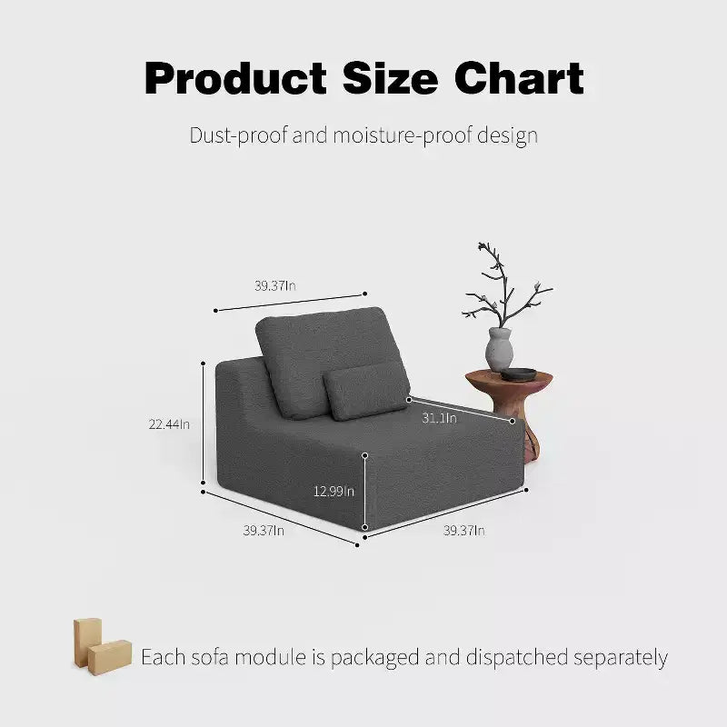 FurnitureR Modular Armless Lounge Chair with Deep Seat, Upholstered Accent Chair for Living Room, Bedroom or Sectional Sofa Setup