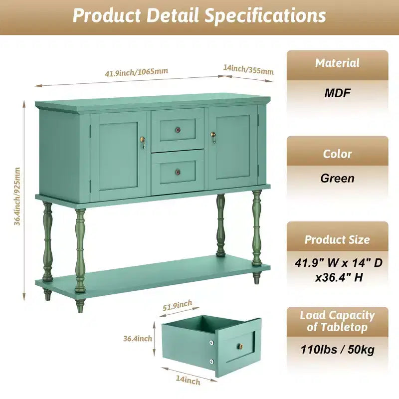 Console Table with 2 Drawers & 2 Doors, 42 Farmhouse Wood Entryway Table with Bottom Storage Shelf, Antique Storage Cabinet TV Stand