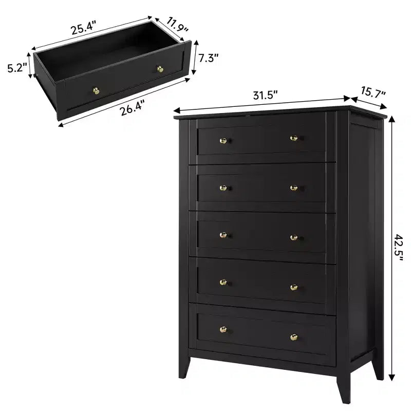 5-Drawer Tall Wooden Dresser, Modern Chest of Drawers with Deep Drawers & Metal Knobs for Bedroom, Entryway & Hallway
