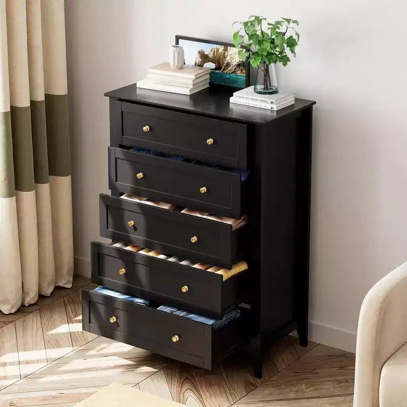 5-Drawer Tall Wooden Dresser, Modern Chest of Drawers with Deep Drawers & Metal Knobs for Bedroom, Entryway & Hallway