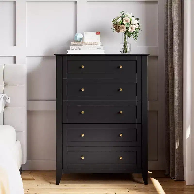 5-Drawer Tall Wooden Dresser, Modern Chest of Drawers with Deep Drawers & Metal Knobs for Bedroom, Entryway & Hallway