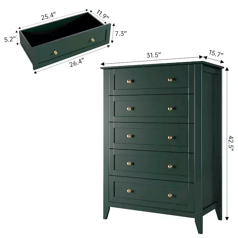 5-Drawer Tall Wooden Dresser, Modern Chest of Drawers with Deep Drawers & Metal Knobs for Bedroom, Entryway & Hallway