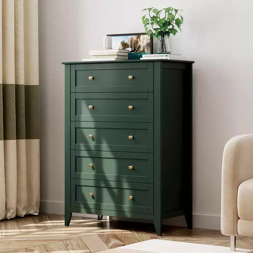 5-Drawer Tall Wooden Dresser, Modern Chest of Drawers with Deep Drawers & Metal Knobs for Bedroom, Entryway & Hallway