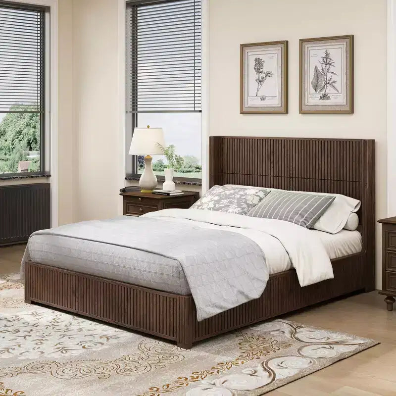 Queen/King Size Platform Bed Solid Wood Bed Frame with Vertical Fluted Headboard, Mid-Century Modern - ModernLuxe