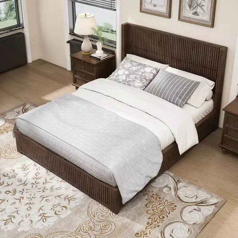Queen/King Size Platform Bed Solid Wood Bed Frame with Vertical Fluted Headboard, Mid-Century Modern - ModernLuxe