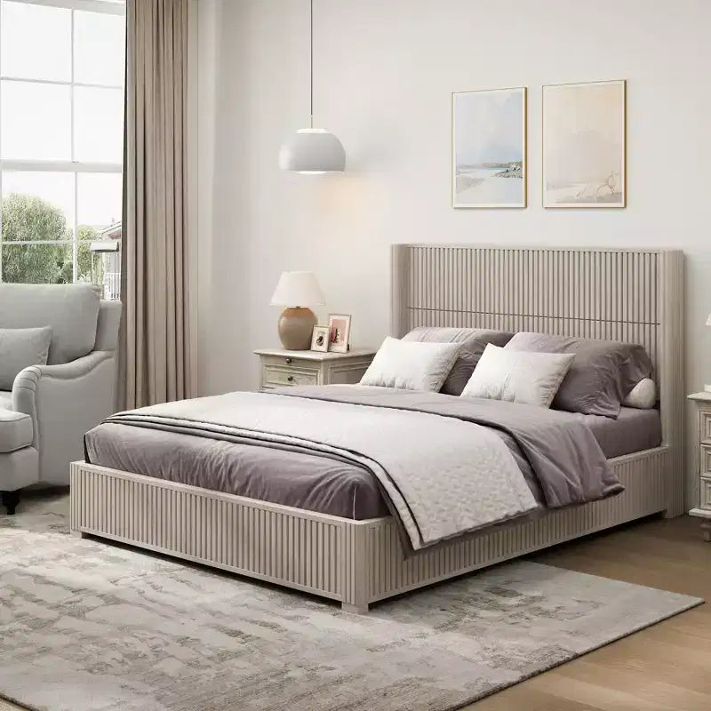 Queen/King Size Platform Bed Solid Wood Bed Frame with Vertical Fluted Headboard, Mid-Century Modern - ModernLuxe