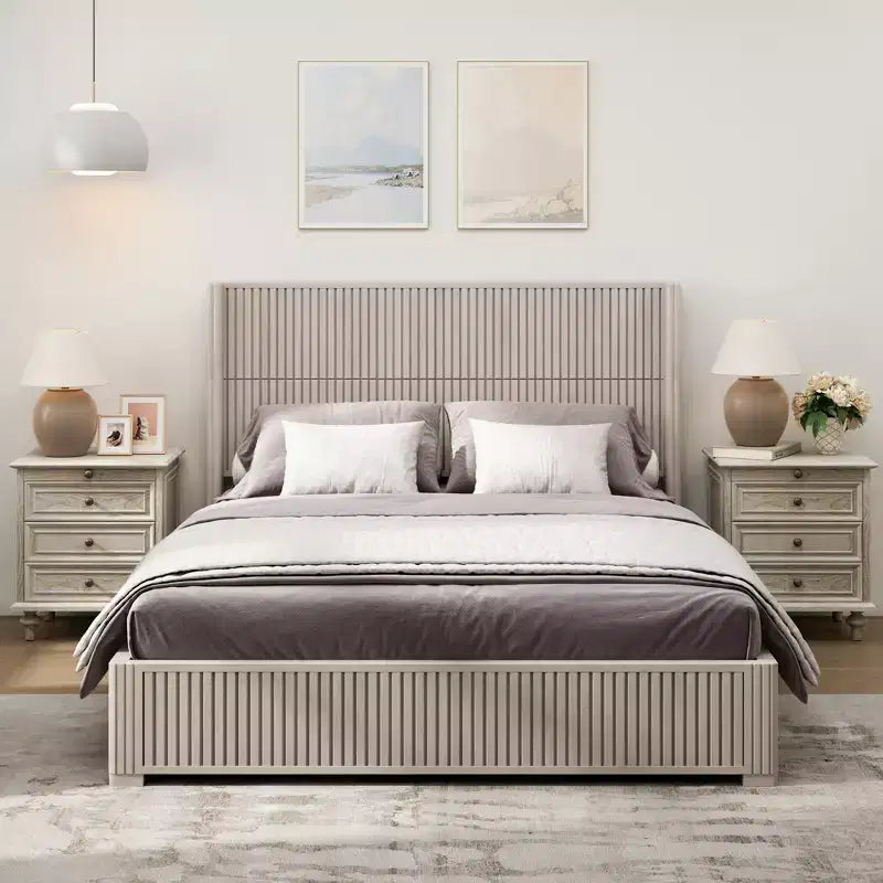 Queen/King Size Platform Bed Solid Wood Bed Frame with Vertical Fluted Headboard, Mid-Century Modern - ModernLuxe