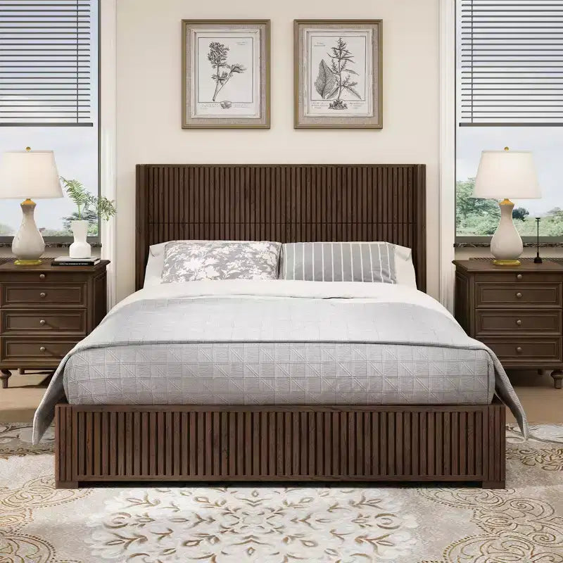Queen/King Size Platform Bed Solid Wood Bed Frame with Vertical Fluted Headboard, Mid-Century Modern - ModernLuxe