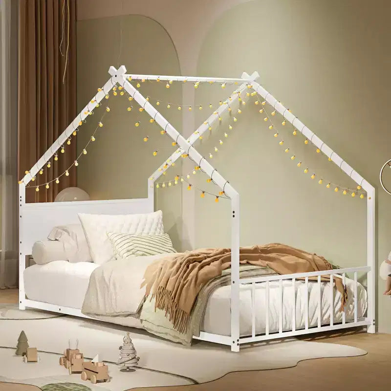 Twin Size Kid House Bed Metal Platform Bed Frame Toddler Bed with Colorful Lights - ModernLuxe