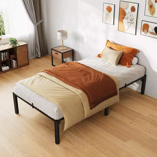 16 Black Heavy Duty Metal Bed Frame, Iron Slat Support Foundation, 800 lbs Capacity, Tool-Complimentary Assembly, Underbed Storage