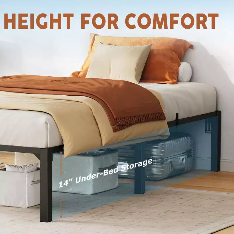 16 Black Heavy Duty Metal Bed Frame, Iron Slat Support Foundation, 800 lbs Capacity, Tool-Complimentary Assembly, Underbed Storage
