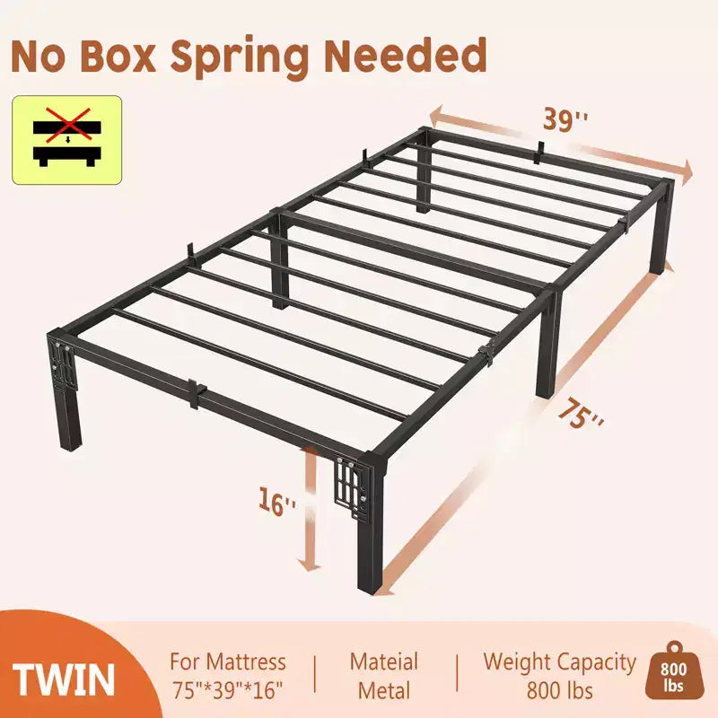 16 Black Heavy Duty Metal Bed Frame, Iron Slat Support Foundation, 800 lbs Capacity, Tool-Complimentary Assembly, Underbed Storage