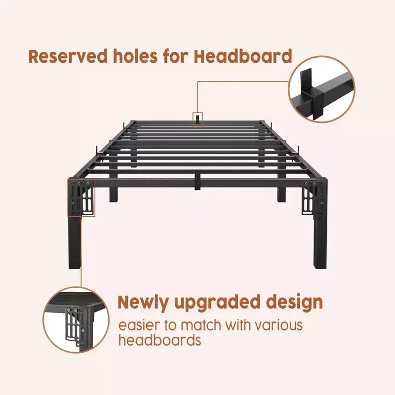 16 Black Heavy Duty Metal Bed Frame, Iron Slat Support Foundation, 800 lbs Capacity, Tool-Complimentary Assembly, Underbed Storage