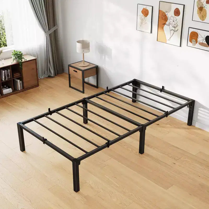 16 Black Heavy Duty Metal Bed Frame, Iron Slat Support Foundation, 800 lbs Capacity, Tool-Complimentary Assembly, Underbed Storage