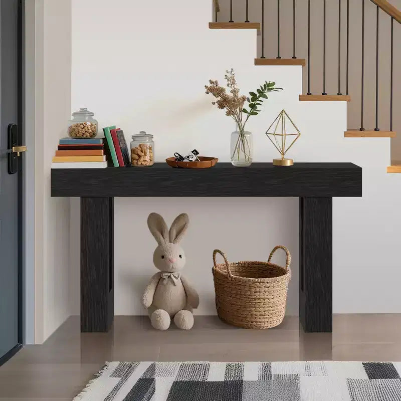 63-inch farmhouse-style entryway table with open shelving. Suitable for hallways, living rooms, foyer, or behind sofas.