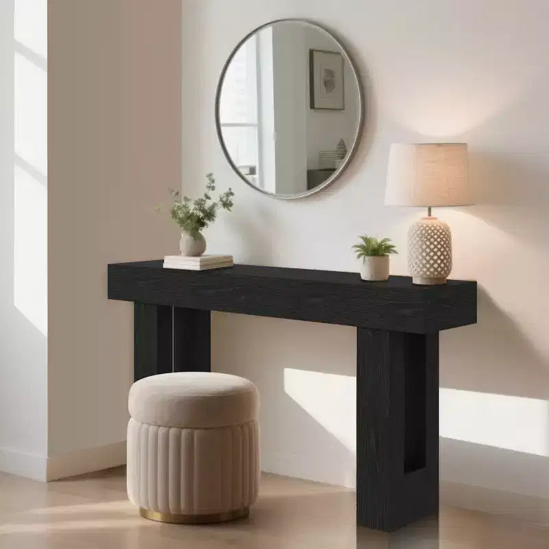 63-inch farmhouse-style entryway table with open shelving. Suitable for hallways, living rooms, foyer, or behind sofas.