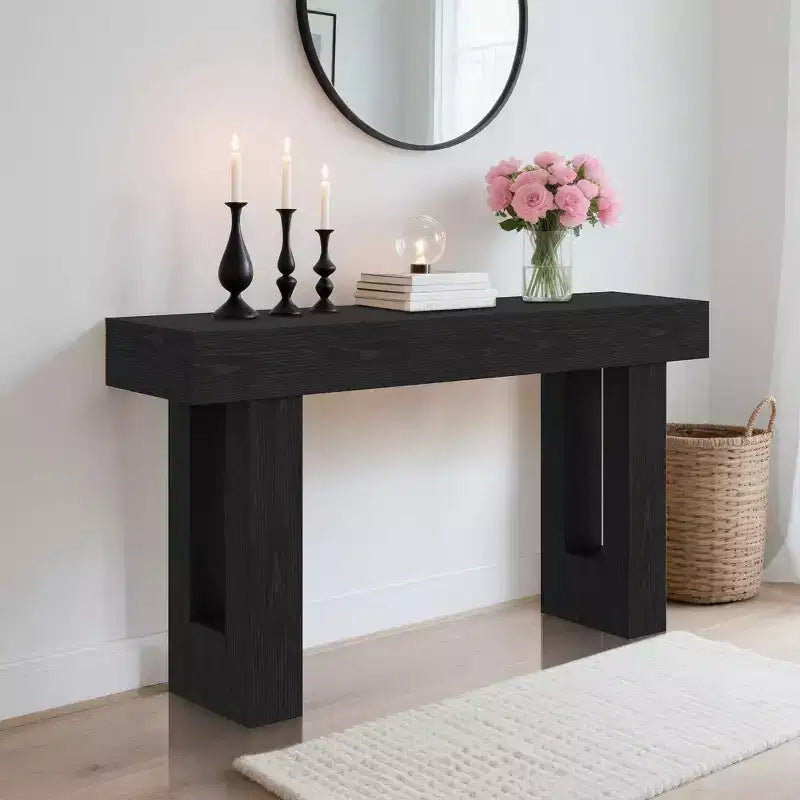 63-inch farmhouse-style entryway table with open shelving. Suitable for hallways, living rooms, foyer, or behind sofas.