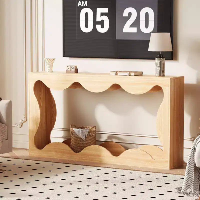 Rustic-style round-edge console table, 63 inches, with storage shelves, space-saving, suitable for entryway, living room, or hallway