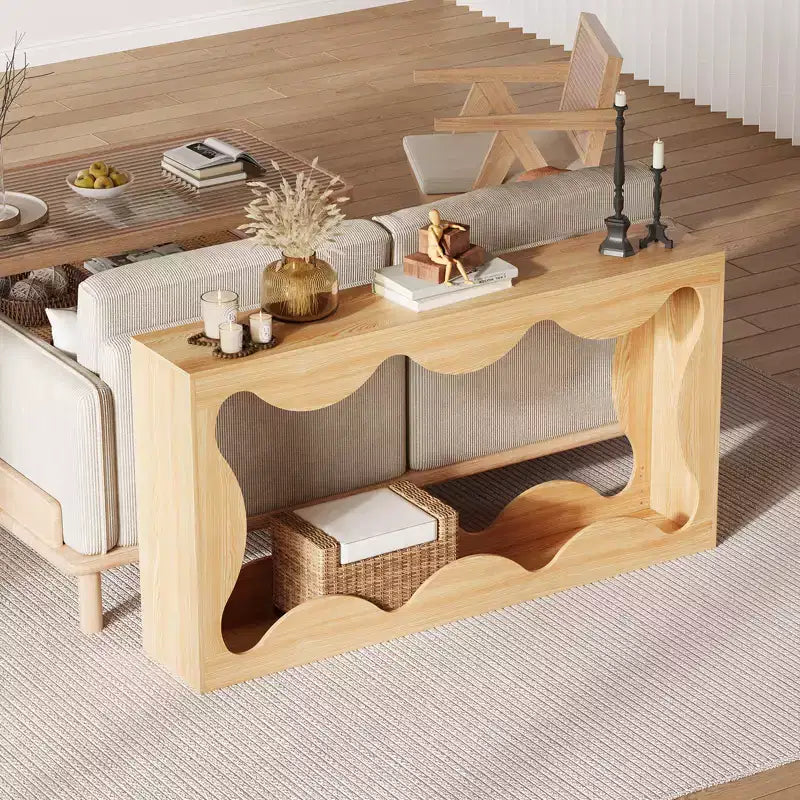 Rustic-style round-edge console table, 63 inches, with storage shelves, space-saving, suitable for entryway, living room, or hallway