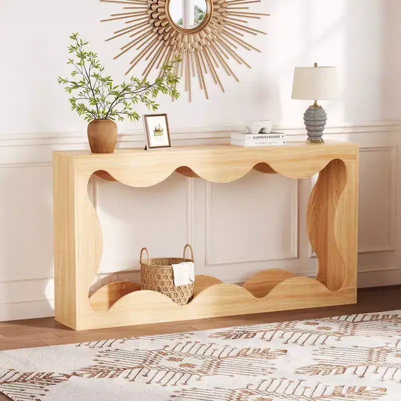 Rustic-style round-edge console table, 63 inches, with storage shelves, space-saving, suitable for entryway, living room, or hallway