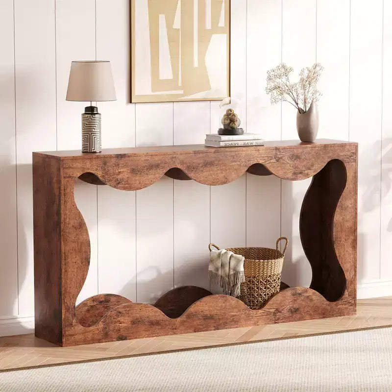 Rustic-style round-edge console table, 63 inches, with storage shelves, space-saving, suitable for entryway, living room, or hallway