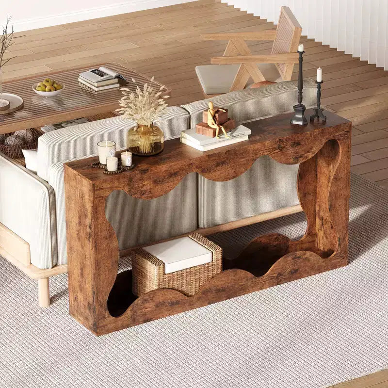 Rustic-style round-edge console table, 63 inches, with storage shelves, space-saving, suitable for entryway, living room, or hallway
