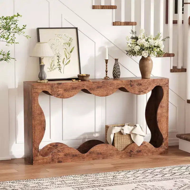 Rustic-style round-edge console table, 63 inches, with storage shelves, space-saving, suitable for entryway, living room, or hallway