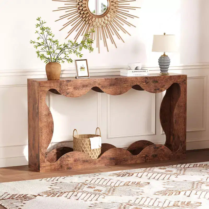 Rustic-style round-edge console table, 63 inches, with storage shelves, space-saving, suitable for entryway, living room, or hallway