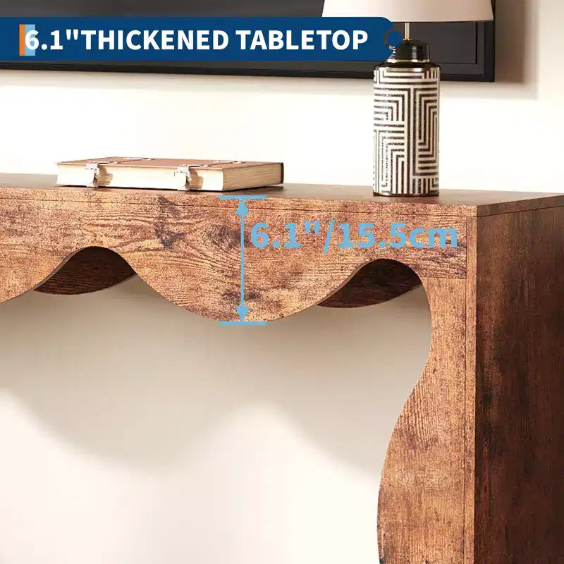 Rustic-style round-edge console table, 63 inches, with storage shelves, space-saving, suitable for entryway, living room, or hallway