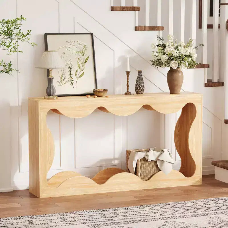 Rustic-style round-edge console table, 63 inches, with storage shelves, space-saving, suitable for entryway, living room, or hallway