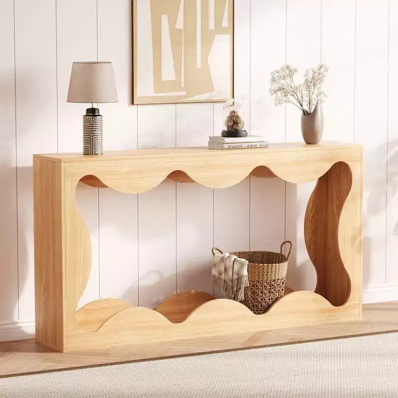 Rustic-style round-edge console table, 63 inches, with storage shelves, space-saving, suitable for entryway, living room, or hallway