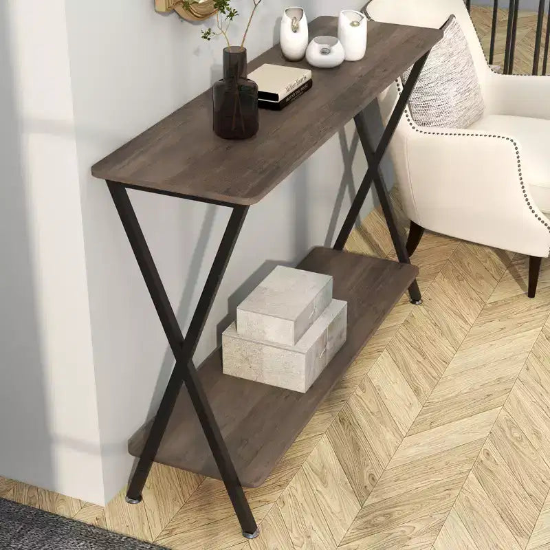 Modern Industrial Console Table 2-Tier Narrow Sofa Side Table with Storage Shelf, Sturdy Metal Frame, Space-Saving for Living Room, Entryway, Grey