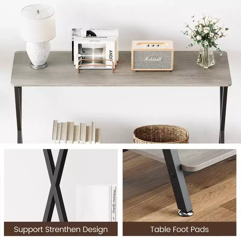 Modern Industrial Console Table 2-Tier Narrow Sofa Side Table with Storage Shelf, Sturdy Metal Frame, Space-Saving for Living Room, Entryway, Grey