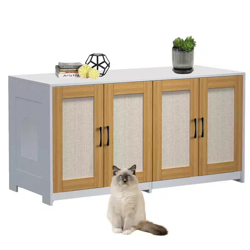 Double Cat Litter Box Enclosure 47 - 2 Cats Hidden Litter Furniture With Sisal Scratching Doors, Wood Cabinet For Indoor Cats