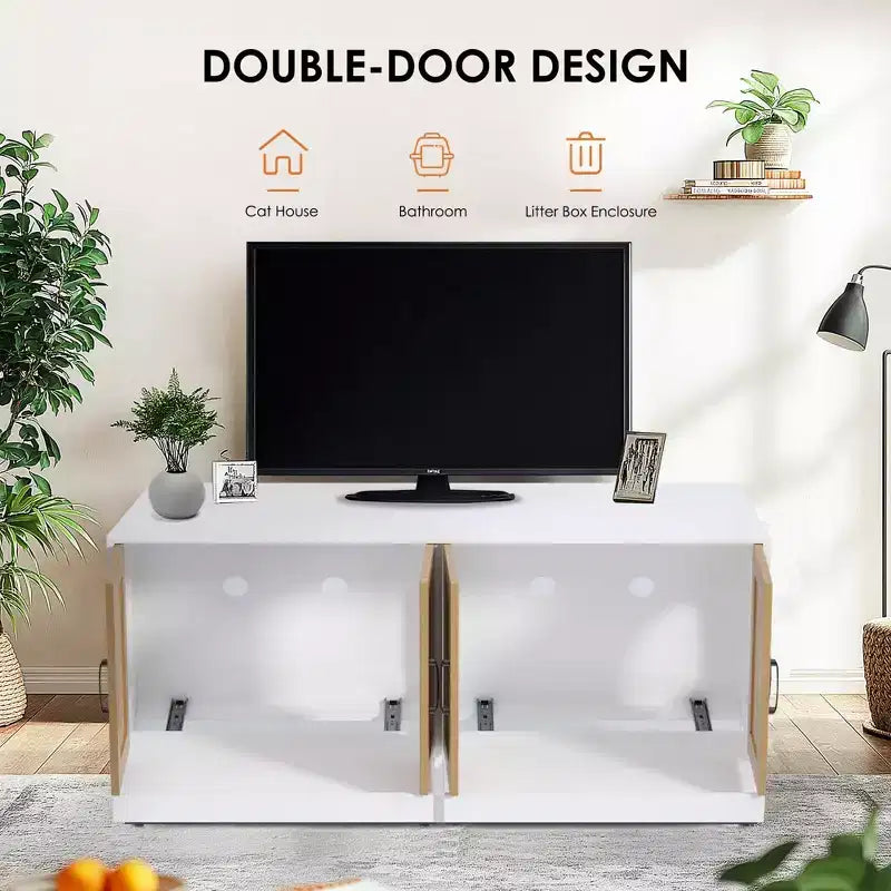 Double Cat Litter Box Enclosure 47 - 2 Cats Hidden Litter Furniture With Sisal Scratching Doors, Wood Cabinet For Indoor Cats
