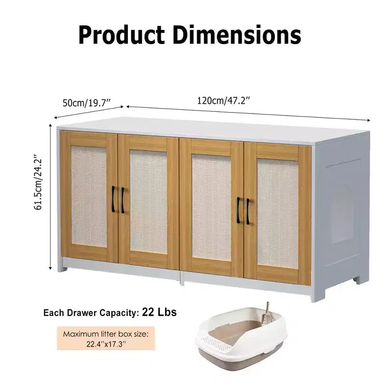 Double Cat Litter Box Enclosure 47 - 2 Cats Hidden Litter Furniture With Sisal Scratching Doors, Wood Cabinet For Indoor Cats