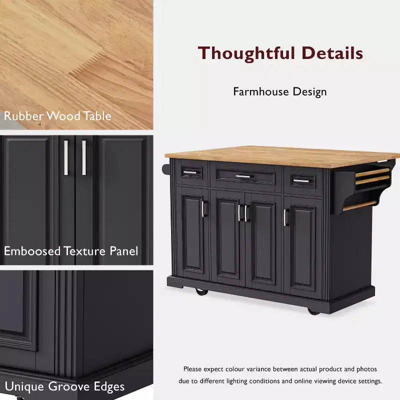 Homy Casa Rolling Kitchen Island with Wood Top and Storage Cabinets, Black