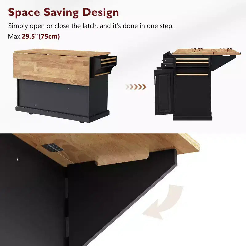 Homy Casa Rolling Kitchen Island with Wood Top and Storage Cabinets, Black
