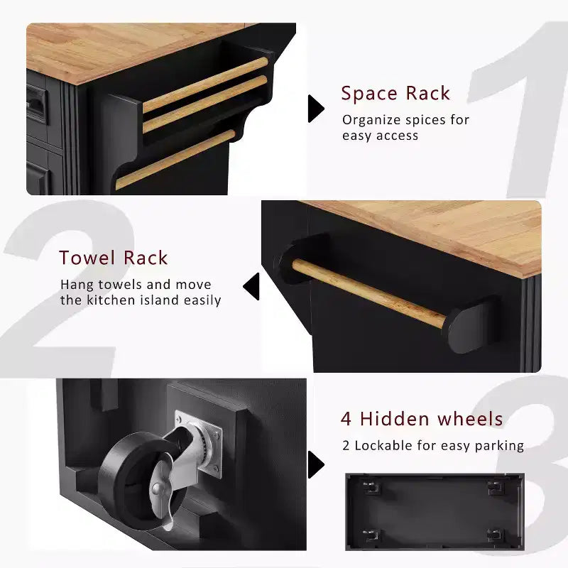 Homy Casa Rolling Kitchen Island with Wood Top and Storage Cabinets, Black