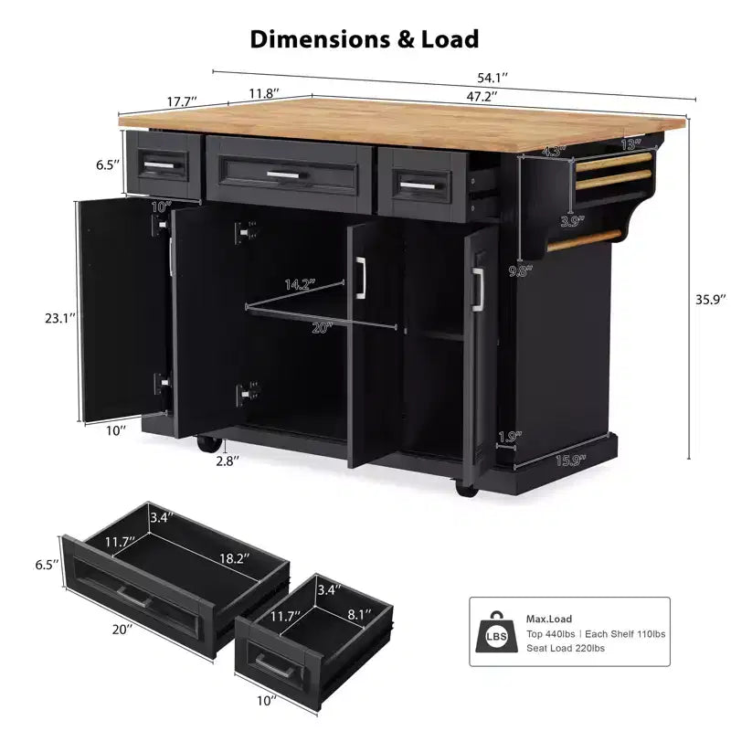 Homy Casa Rolling Kitchen Island with Wood Top and Storage Cabinets, Black