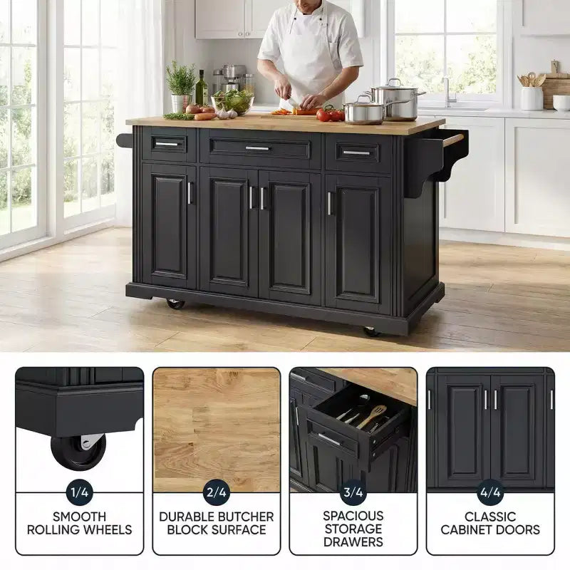 Homy Casa Rolling Kitchen Island with Wood Top and Storage Cabinets, Black