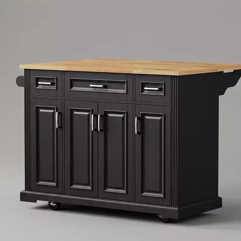 Homy Casa Rolling Kitchen Island with Wood Top and Storage Cabinets, Black