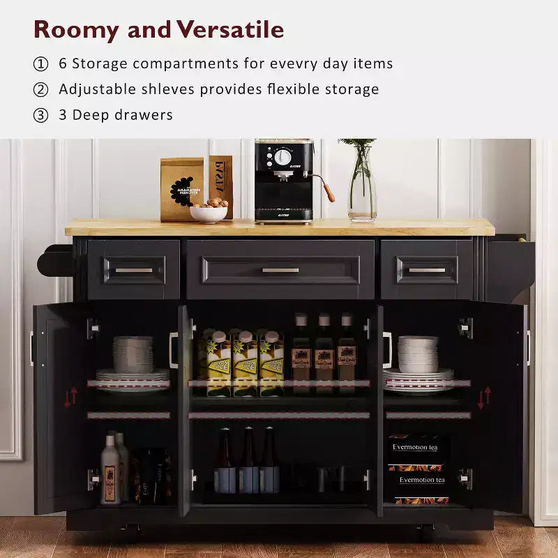 Homy Casa Rolling Kitchen Island with Wood Top and Storage Cabinets, Black