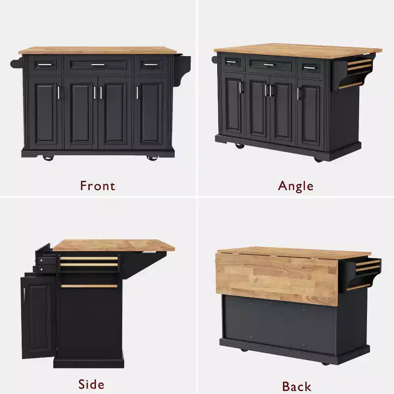 Homy Casa Rolling Kitchen Island with Wood Top and Storage Cabinets, Black