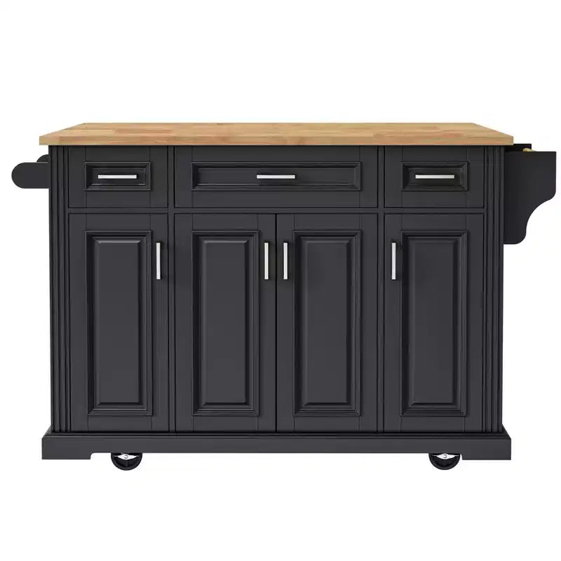 Homy Casa Rolling Kitchen Island with Wood Top and Storage Cabinets, Black