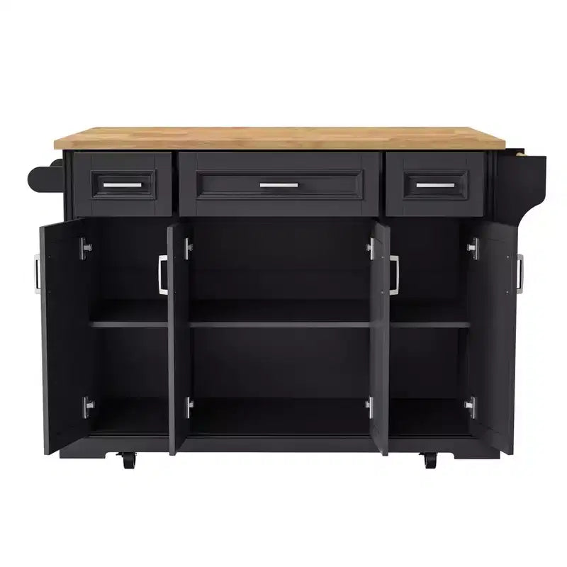 Homy Casa Rolling Kitchen Island with Wood Top and Storage Cabinets, Black