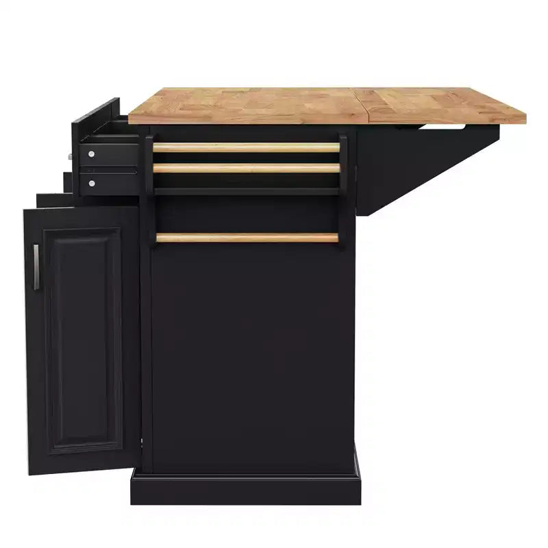 Homy Casa Rolling Kitchen Island with Wood Top and Storage Cabinets, Black