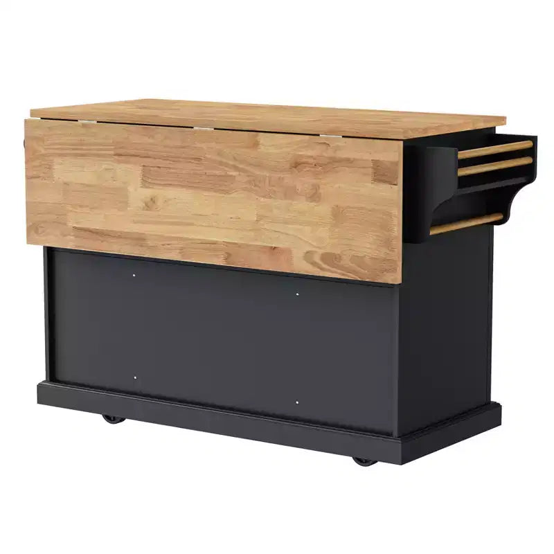 Homy Casa Rolling Kitchen Island with Wood Top and Storage Cabinets, Black