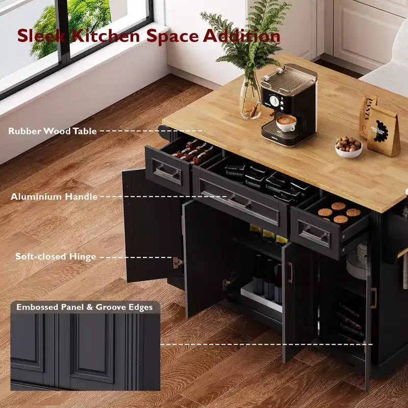 Homy Casa Rolling Kitchen Island with Wood Top and Storage Cabinets, Black