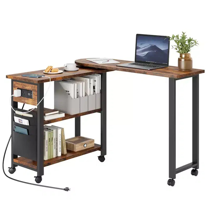 Garvee 360 Rotating Side Table with Charging Station, Swivel End Table with Storage Bag and 6 Lockable Wheels, Movable Table for Bedroom Living Room